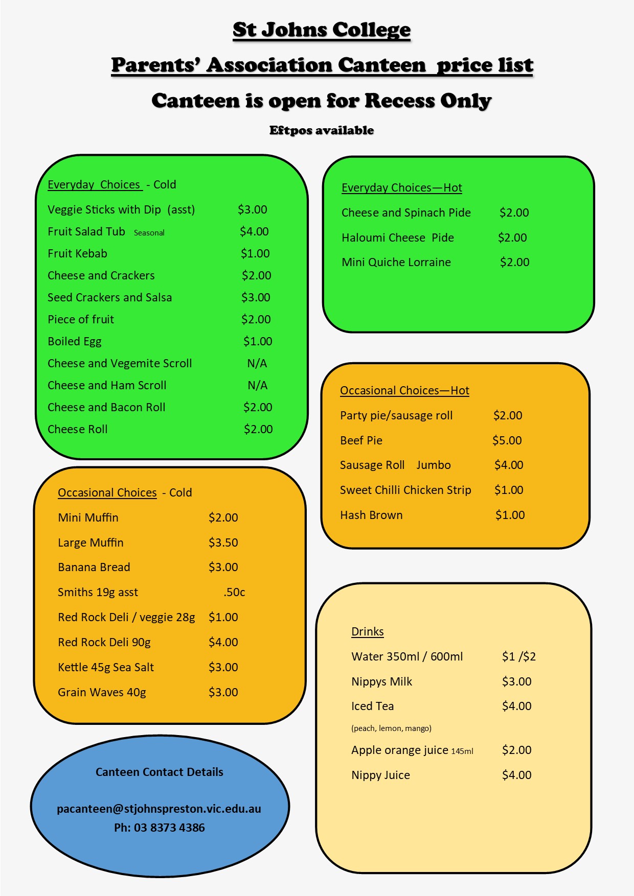 Canteen Menu Card